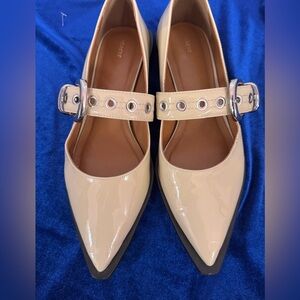 Maeve Cream Moto Mary Jane's Patent Leather Flats with Buckle